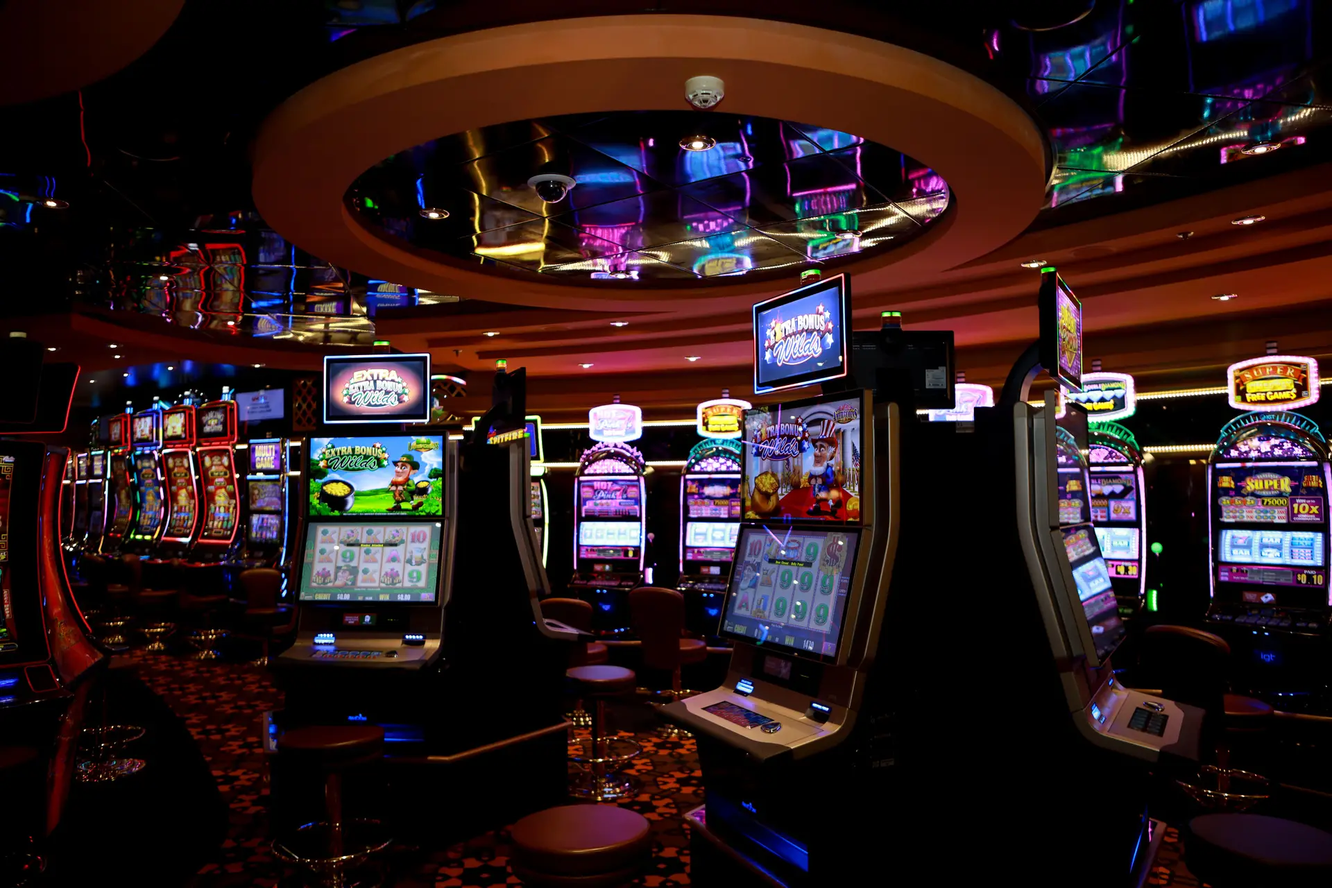 Vibrant casino floor with colorful slot machines
